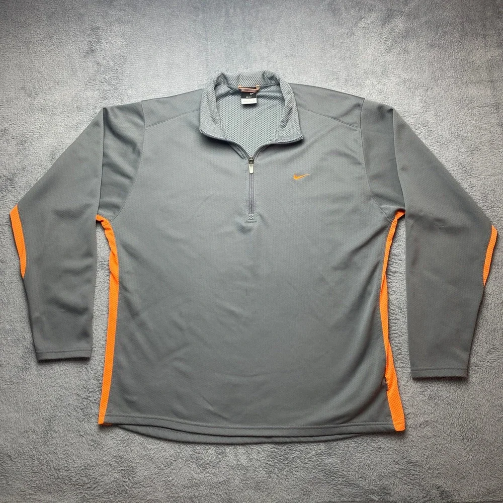 Nike Dri-FIT Mens Large Quarter Zip Pullover Gray Orange Long Sleeve Workout Top